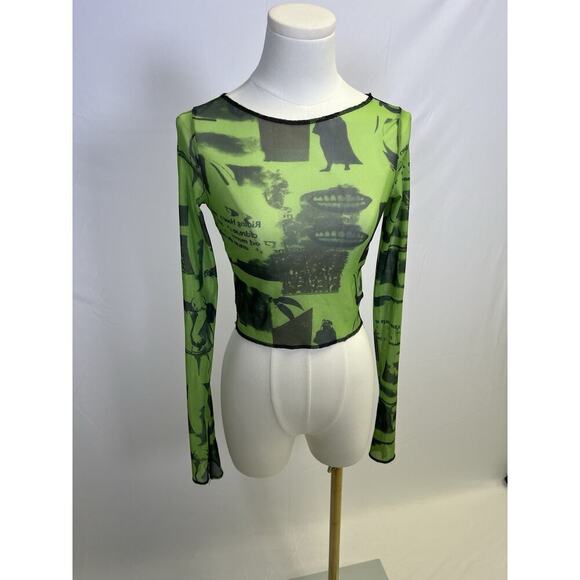 Unbranded Tops - Vintage Y2K Micro Mesh Green Black Print Long sleeve Woman's top Small